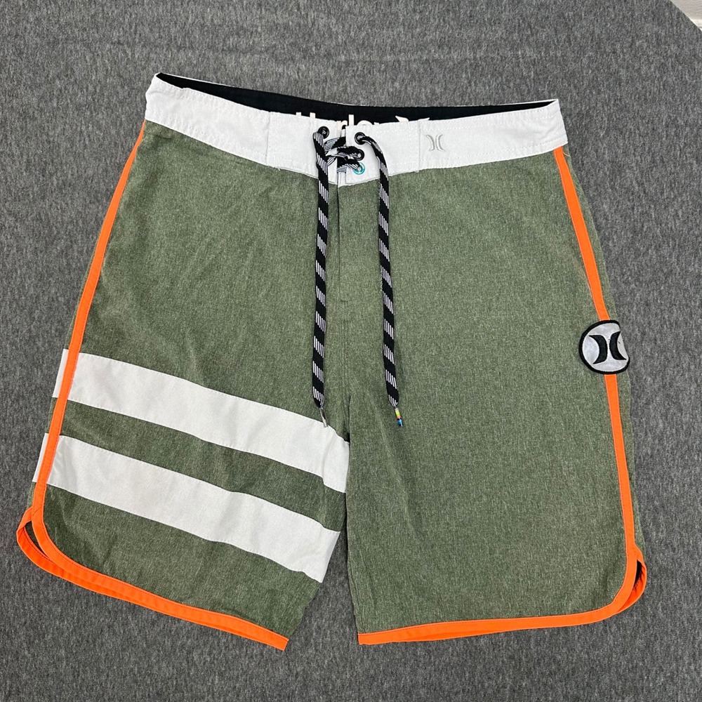 Hurley Phantom Board Shorts Swim‎ Trunks Striped Orange Trim Olive Green Sz 28